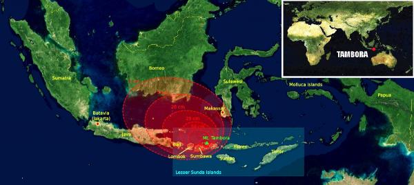 The explosion of Indonesia’s Tambora volcano in 1815 had an impact on climate worldwide throughout 1816. Credit NASA / SINC